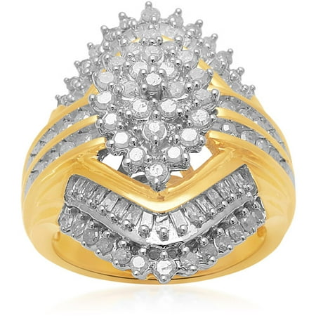 - 1 Carat T.W. Baguette and Round Diamond 18kt Yellow Gold over Brass Cluster Ring