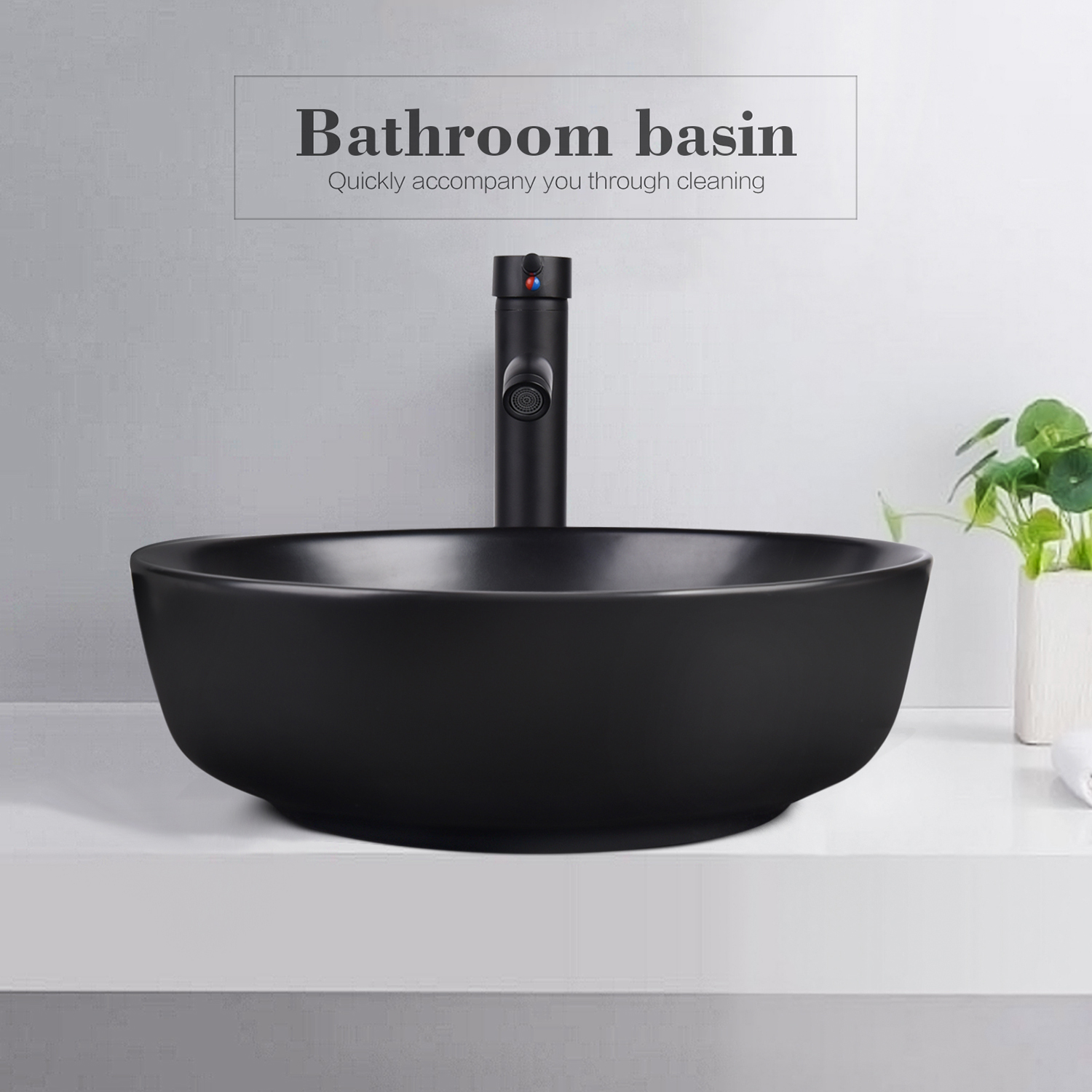 FULLWATT Black Ceramic Bathroom Sink, Above Counter Porcelain Vessel Sink with Black Faucet and Pop up drain Combo, Round