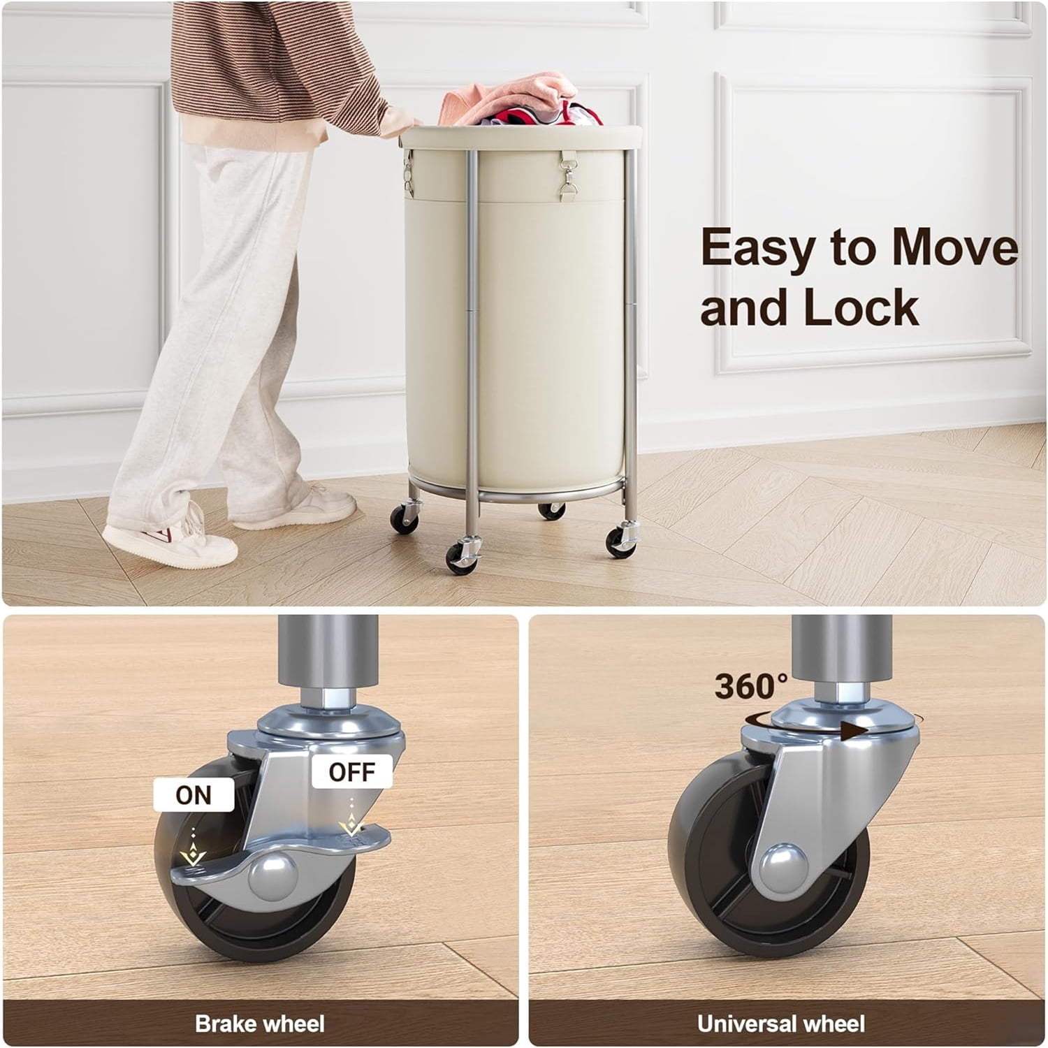 Laundry Hamper with Wheels, 110L Rolling Laundry Basket, Round Laundry Cart with Steel Frame and Removable Bag, 4 Casters and 2 Brakes, Dirty Clothes Hamper for Hotel, Home, Closet, Dorm