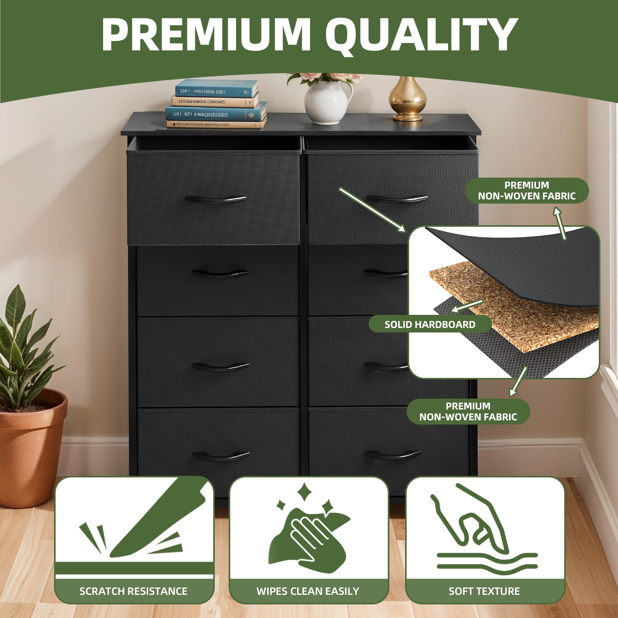 Uforic 8 Drawer Dressers for ,Chest of Drawers Fabric Storage Dressers for Living Room Black