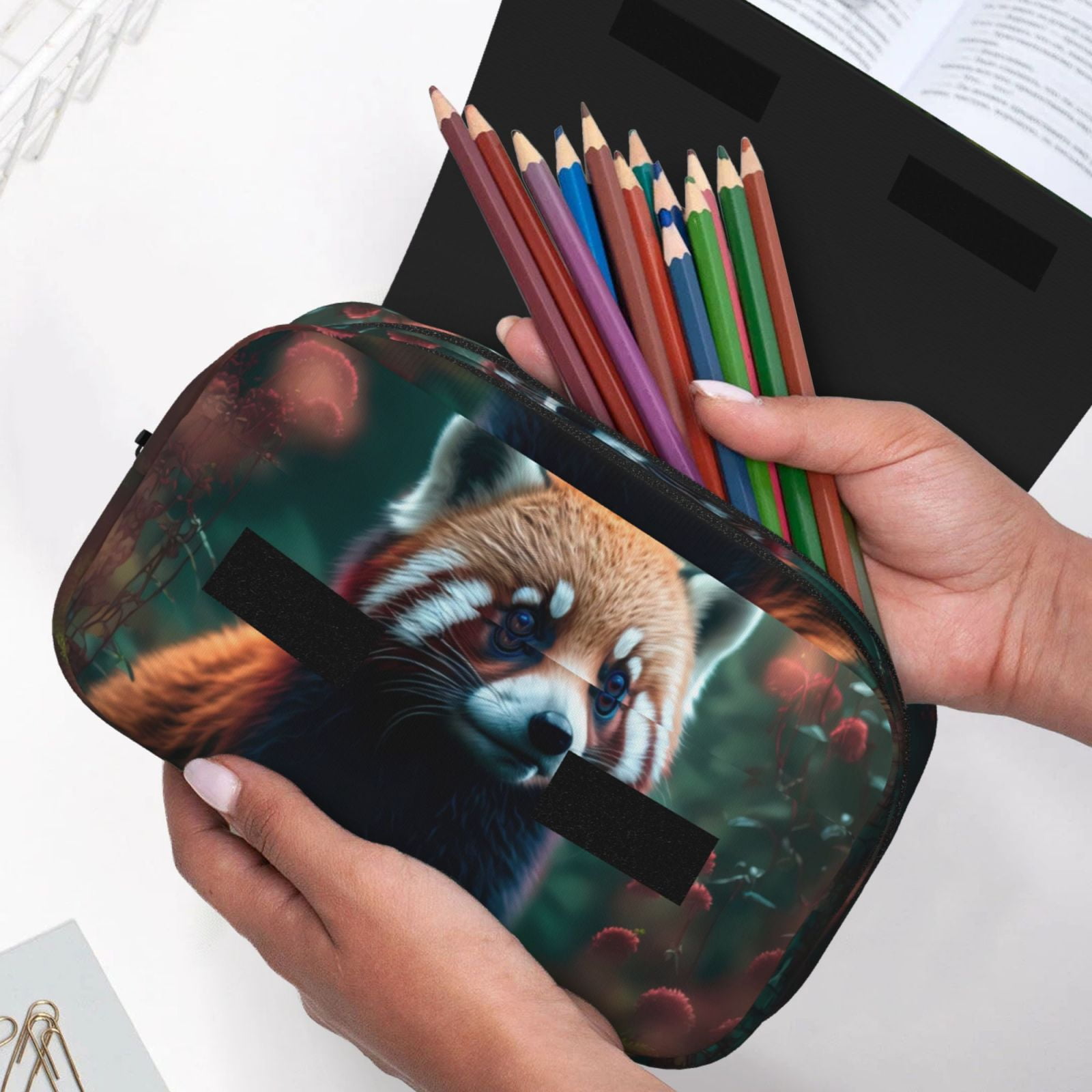 Rateoe Forest Plant Raccoon Pattern Double Clamshell Pen Case, Storage Organizer with Two Zipper Compartments– Holds Up to 50 Pencils & Pens