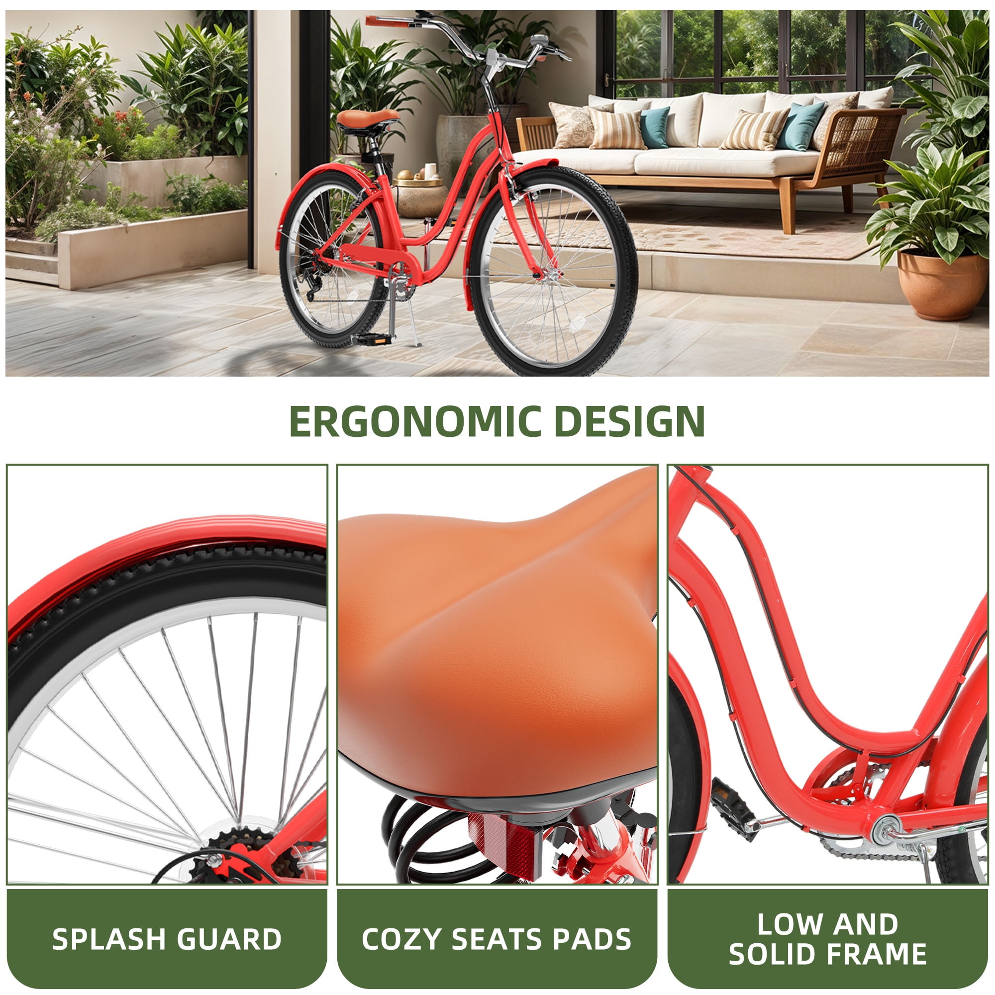 Uforic24'' Beach Cruiser Bike, 7-Speed, Step-Through Bicycle for Men & Women, Steel Frame, Orange