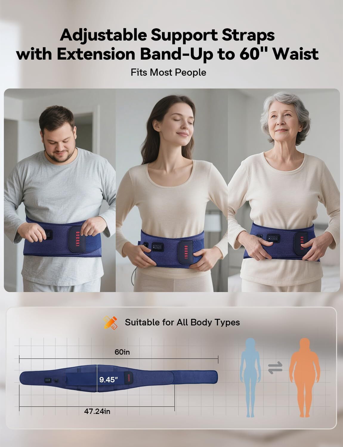 BURRKI Plug-in Heating Pad for Back Pain Relief, 47-60" Lower Back Massager with 3 Heat & 3 Timer & 5 Vibration, Heated Back Lumbar Support Belt for Cramps, Gift for Men & Women