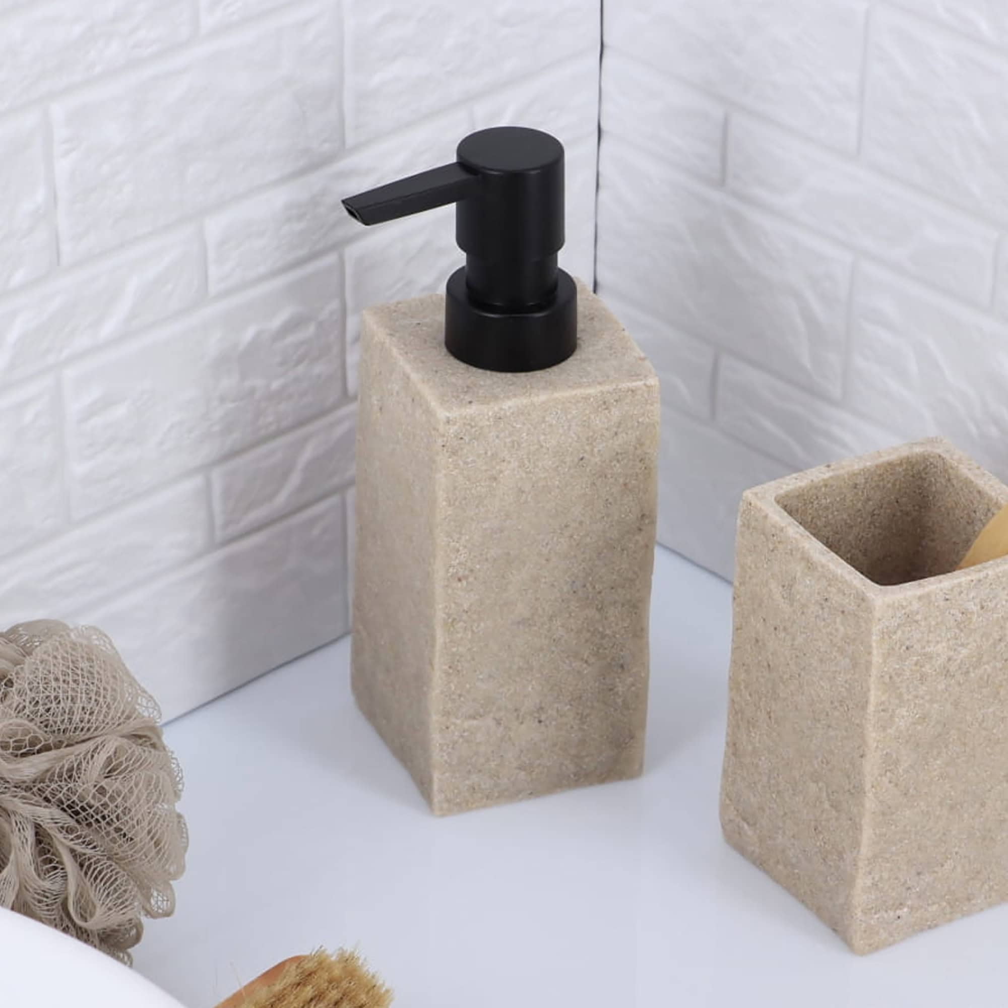 Bath Square Resin Hand Soap & Lotion Dispenser Stone Effect 9 FL OZ Natural
