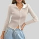 thumbnail image 1 of MHFRRA Cárdigan de Punto Acanalado con Doble Cremallera para Mujer, Top Corto Ajustado con Cuello Caqui, 1 of 3