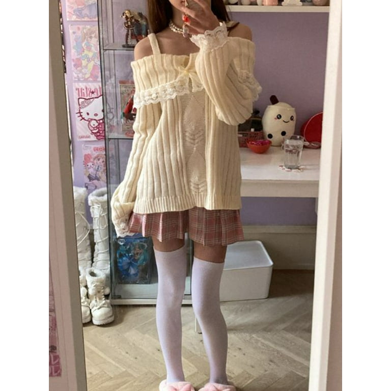 Women Fairy Off Shoulder Lace Trim Sweater Y2k Kawaii Long Women Fairy Off Shoulder Lace Trim Sweater Y2k Kawaii Long