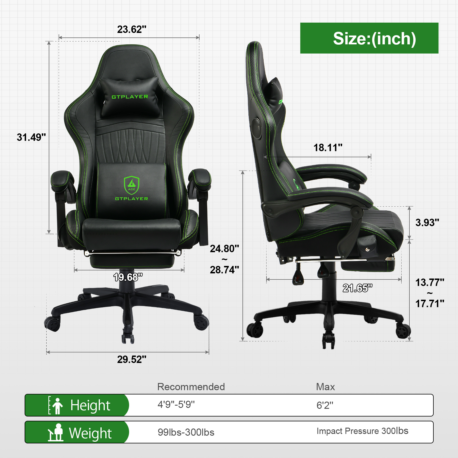 Gtplayer Pro Gaming Chair with Footrest, Dual Bluetooth 5.1 Speakers PVC Leather Recliner, Green - image 3 of 9