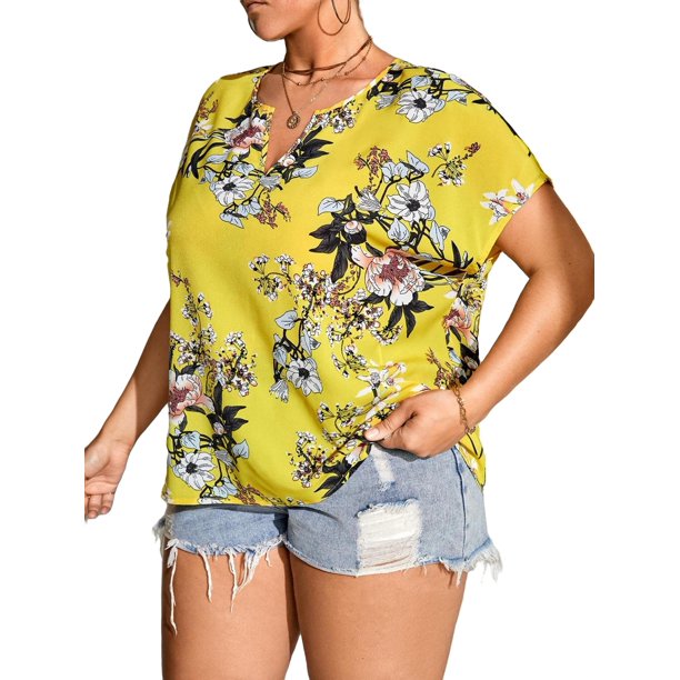 Boho Floral Notched Neck Top Short Sleeve Mustard Yellow Plus Size