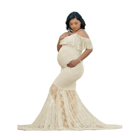 

UKAP Maternity Dresses for Photo Shoot Women Trailing Lace Gown Off Shoulder Slim Fitted Wedding Party Baby Shower Dress