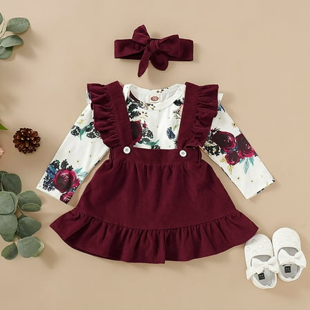 

Leutsin Toddler Baby Girls Long Sleeve Floral Romper Bodysuit+Suspender Skirts Outfits