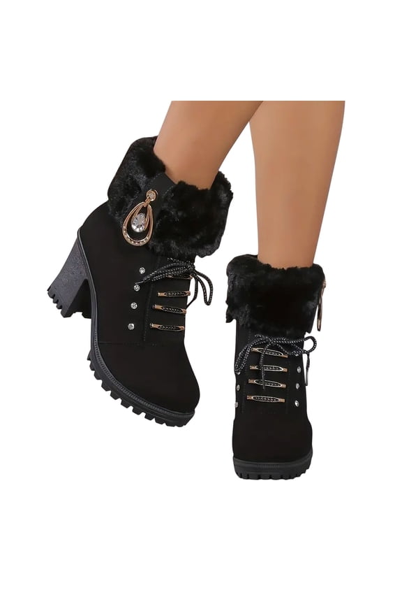 Women's PU Cuff Lace-up Ankle Boots with Crystal Ornament and Chunky Block Heel for Cold Weather Wear