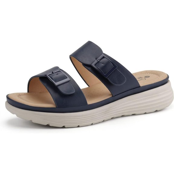 JABASIC Women Slide Sandals Comfortable Adjustable Double Buckle Platform Sandal (8,Navy)