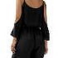 thumbnail image 3 of PALACLOTH Women One Piece Rompers Short V Neck Cold Shoulder 3/4 Bell Sleeve Jumpsuit with Drawstring, 3 of 6