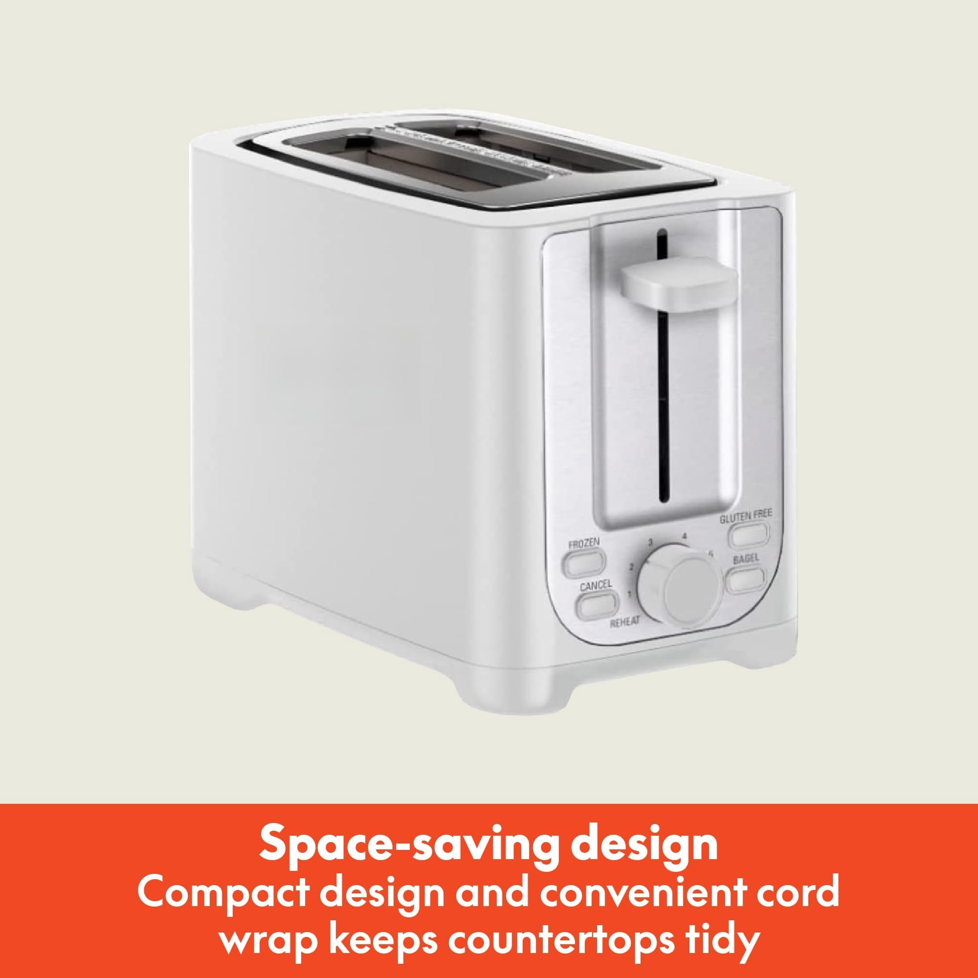 Double-slot toaster with automatic shut-off - extra-wide slots, removable crumb tray, and cancel, defrost, and reheat functions - can toss bread, bagels, and waffles.