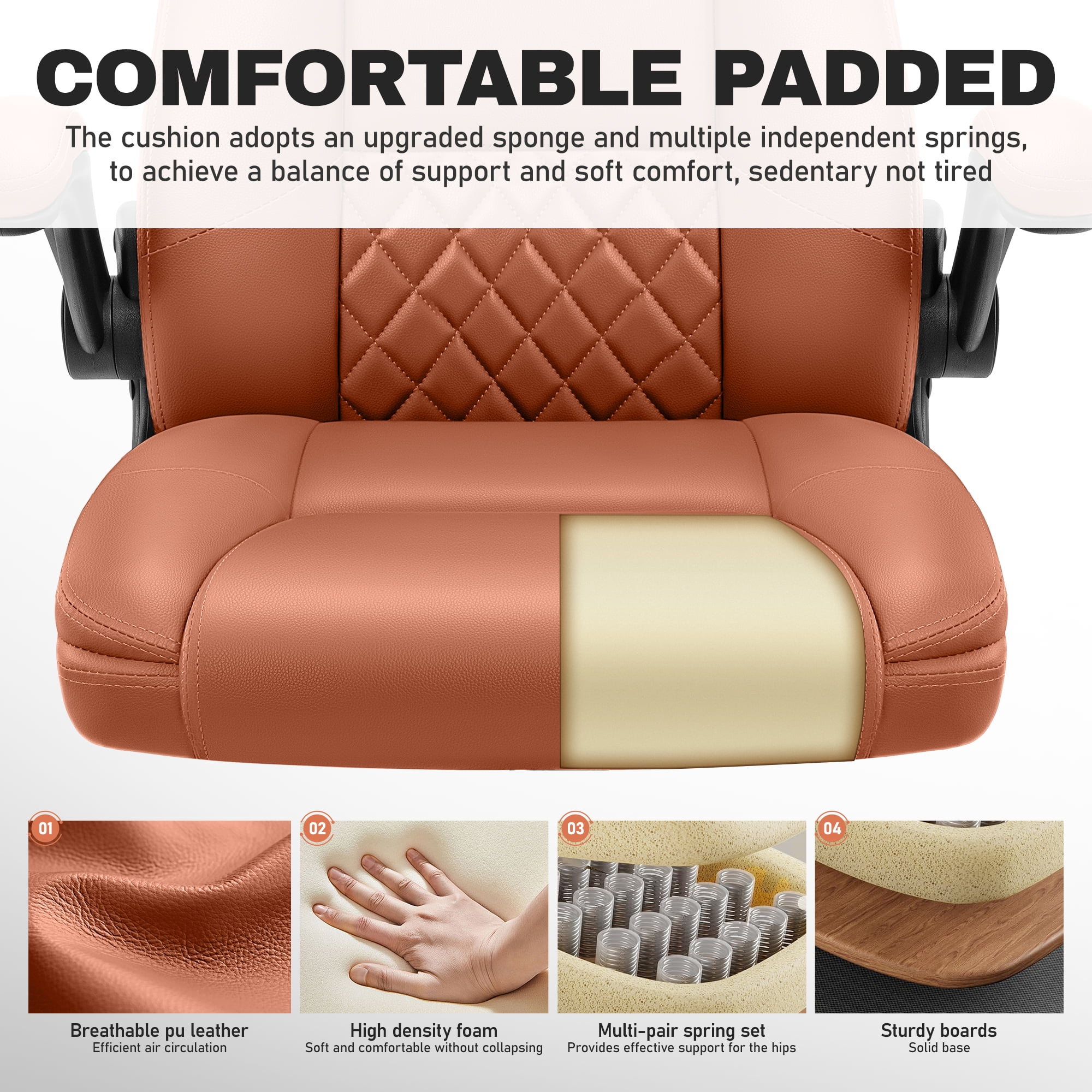 COOLHUT Office Chair, Executive Leather Chair Home Office Desk Chairs, Computer Chair with Adjustable Flip-up Padded Arms, Lumbar Support Swivel Desk Chair with Adjustable Hight and Tilt, Brown