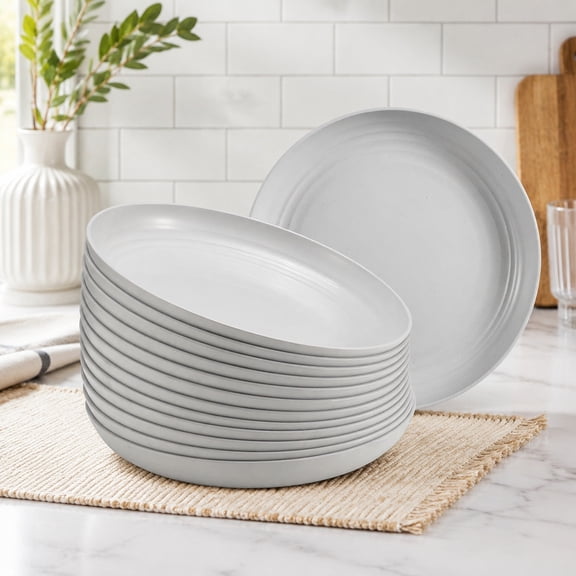 12 Pcs Durable 10 Inch Dinner Plates Set, Reusable Wheat Straw Plastic Plates, Microwave & Dishwasher Safe, Lightweight BPA Free Plates for Kitchen and Dessert