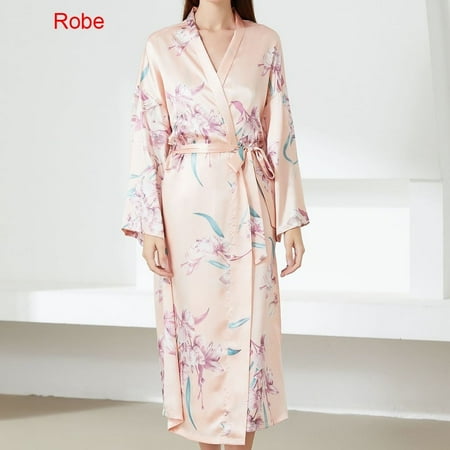 Print Flower Nighty&Robe Suit Sleepwear Sexy Satin Kimono Gown Women Bathrobe Intimate Lingerie Nightwear Silky Nightgown (Pink C XL)
