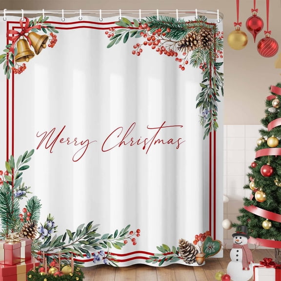 Christmas Shower Curtain, Pine Cones Botanical Xmas Waterproof Fabric Shower Curtains with 12 Hooks, Bathroom Curtain Set for Bathroom Accessories Decor, 72 x 78 Inches