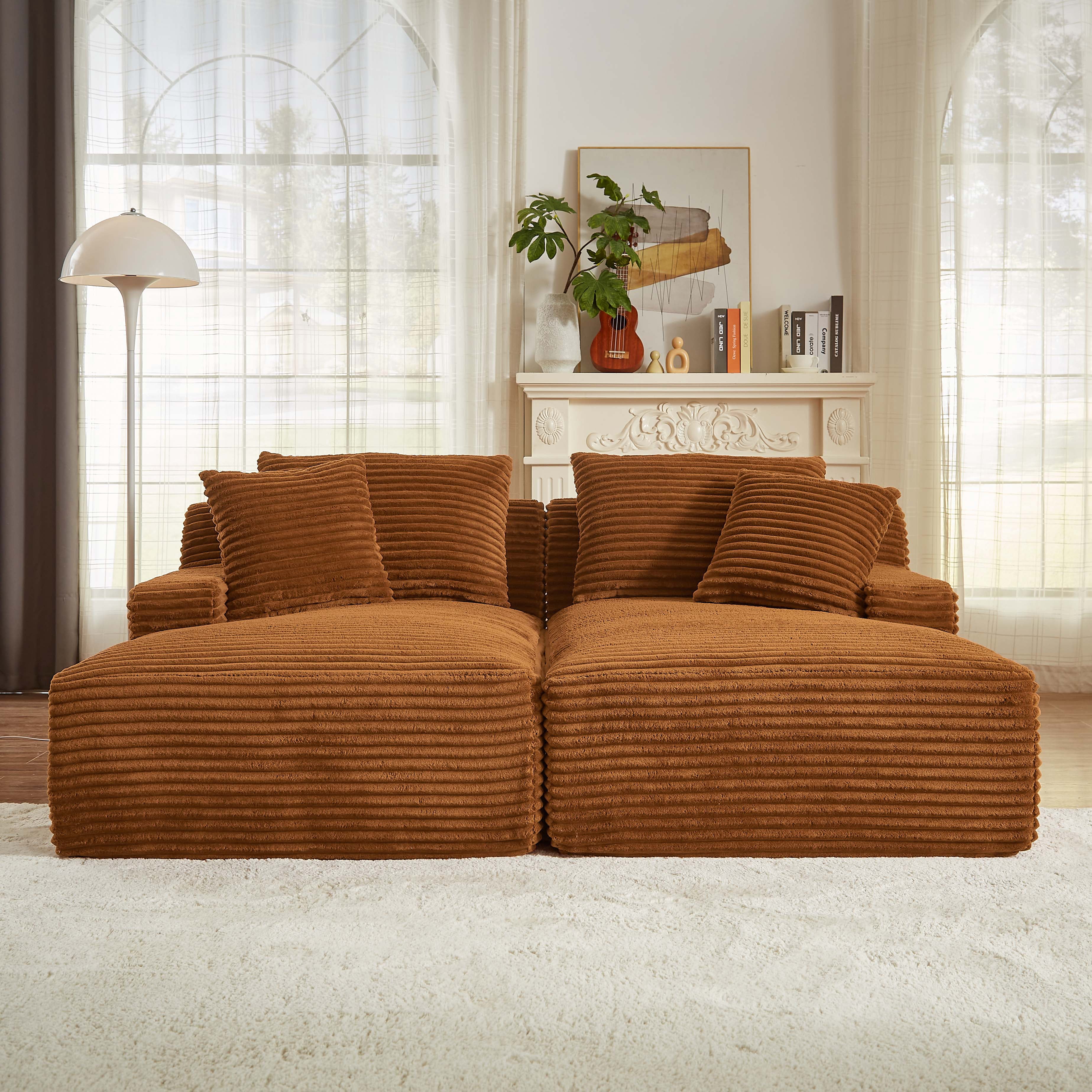 Miniyam Orange Compressible Double Chaise Lounge - No Assembly Required, Fluffy Modern Sleeper Loveseat for Indoor Living Room Bedroom Reading