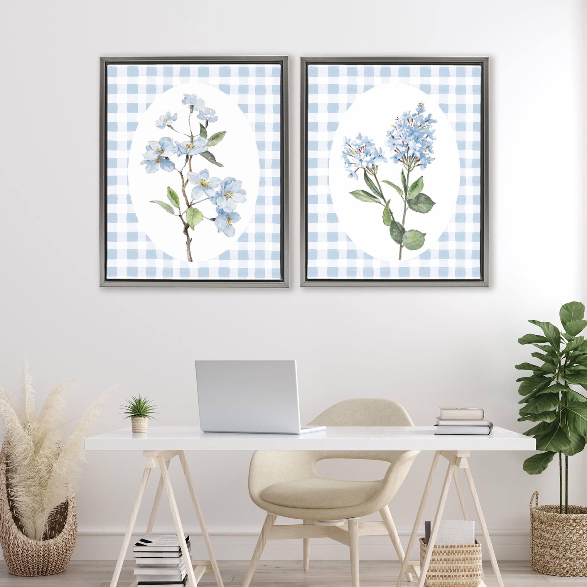 Stupell Industries Blooms on Blue Checkered 2 Piece Gray Framed Floater Canvas Set, design by Lanie Loreth