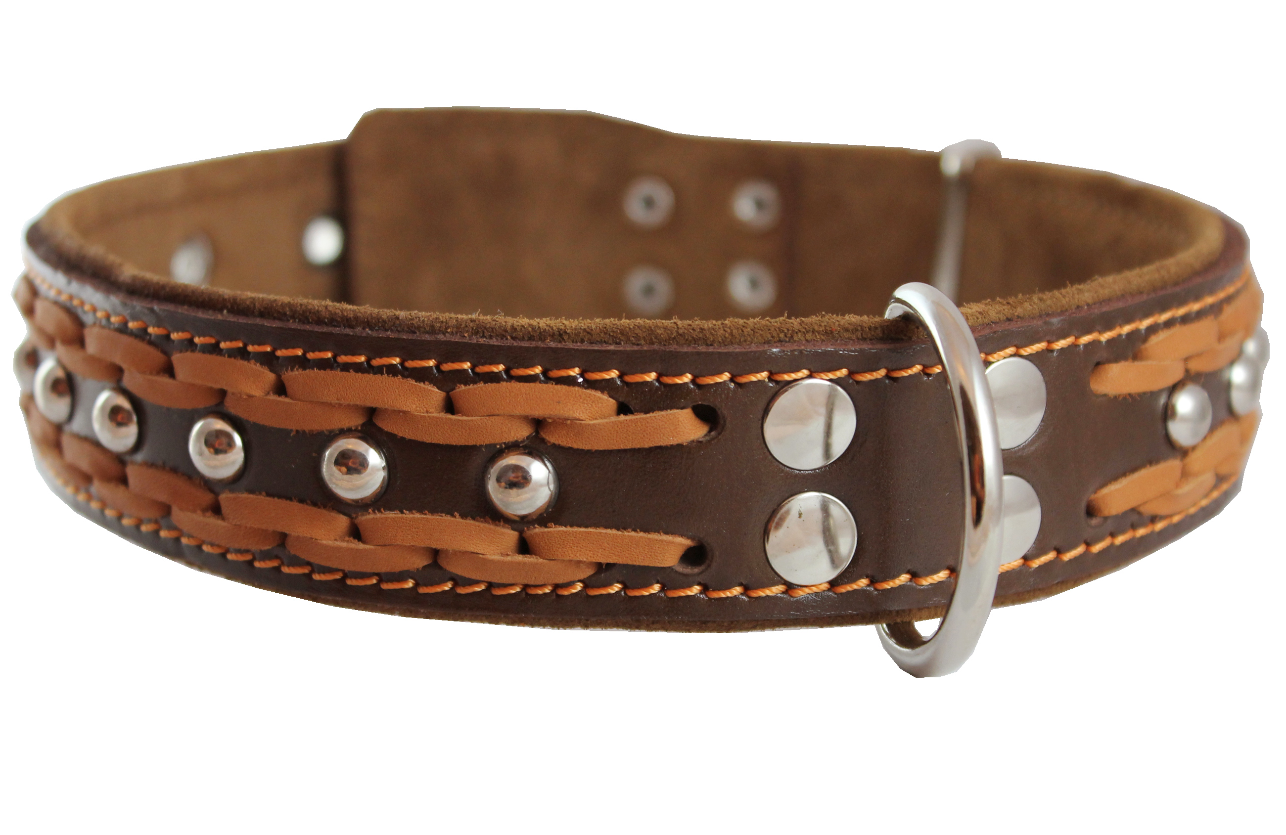 High Quality Genuine Leather Braided Studded Dog Collar, Brown 1.6