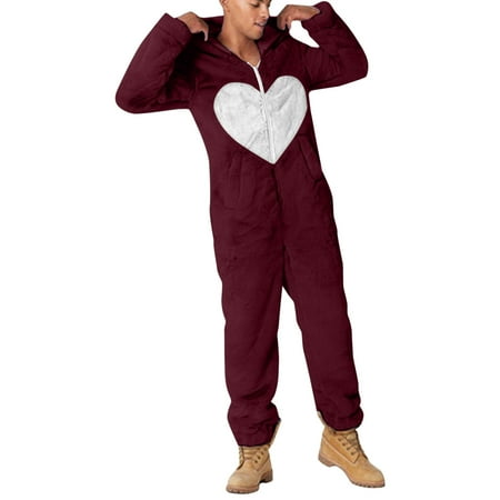 

Lirclo Men Long Sleeve Hooded Jumpsuit Pajamas Casual Winter Warm Rompe Sleepwear Wine L