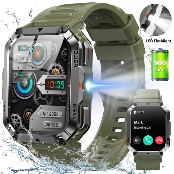 IOWODO Military Smart Watch for Men with 900mAh Battery,2.01'' Large Smartwatch with Answer Make Call,,1ATM Waterproof Sport Fitness Watch fits for Android and IOS Green