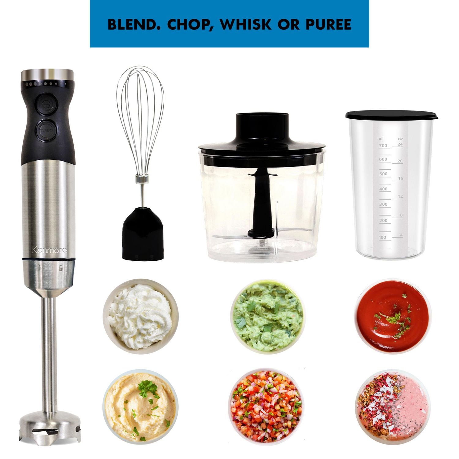 Kenmore 400W Immersion Hand Blender Set with Food Chopper & Whisk, Versatile Tool for Smoothies & Soups