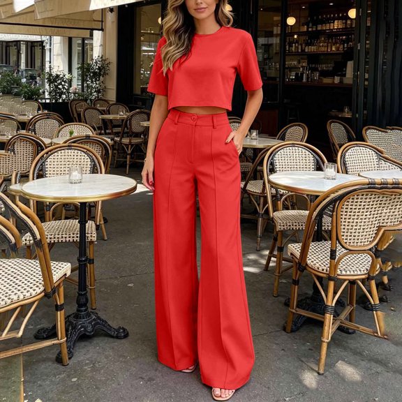 IUYRTFE Women 2 Piece Short Sleeve Crop Top and High Waist Wide Leg Pants Set Casual Workwear Outfit
