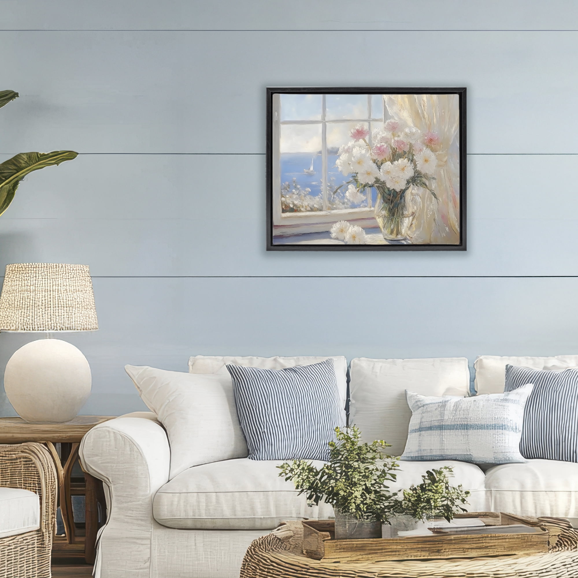 Stupell Industries Coastal View Floral Window Bouquet Black Framed Floater Canvas Wall Art, design by LSR Design Studio