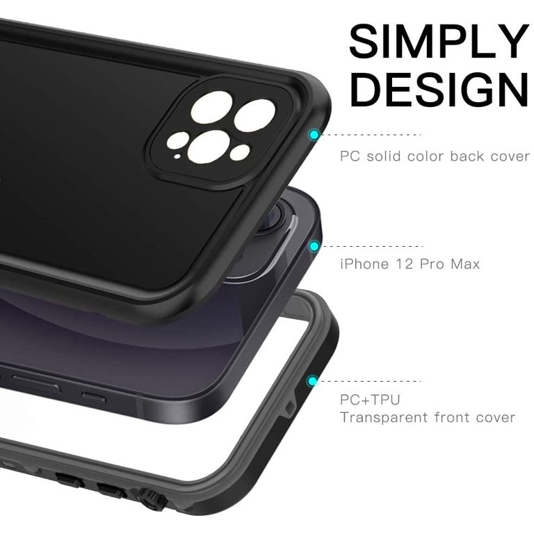 Transy Waterproof iPhone 12 Pro Max 6.7 Black Rugged Bumper Case - IP68  Full Body Protection & Built-in Screen Protector