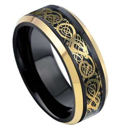 Free Personalized laser engraving tungsten Band 8mm Two-tone Black & Yellow Gold IP Plated Celtic Cut-Out Design Inlay & Beveled Edge