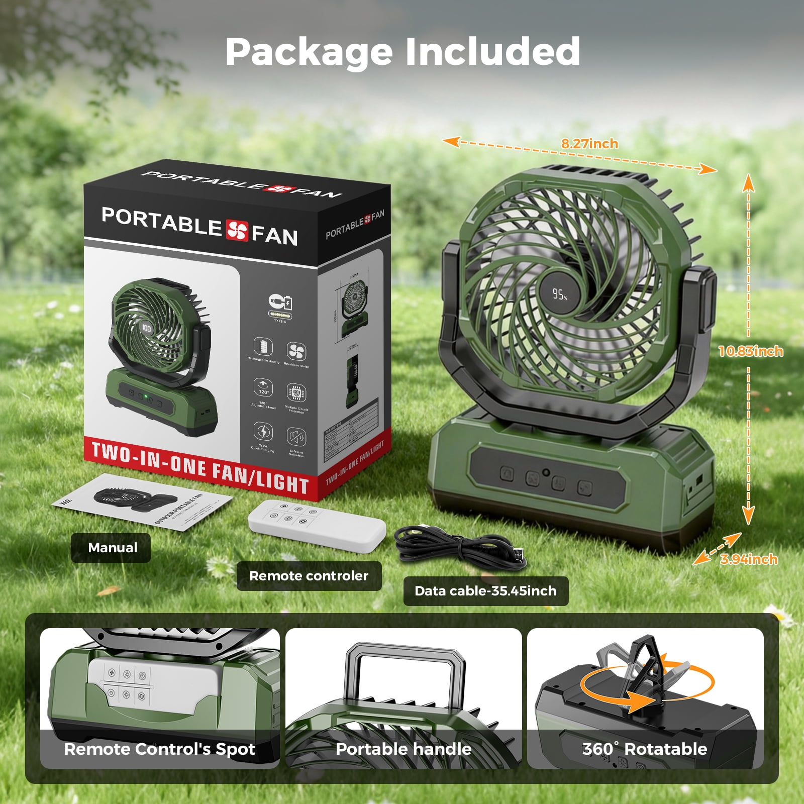 3-in-1 Camping Fan,Portable Fans Rechargeable , 20000mAh  Battery Powered Fanwith Light & Remote for Indoor, Outdoor, Tent, Travel, BBQ, Fishing, Jobsite - Green