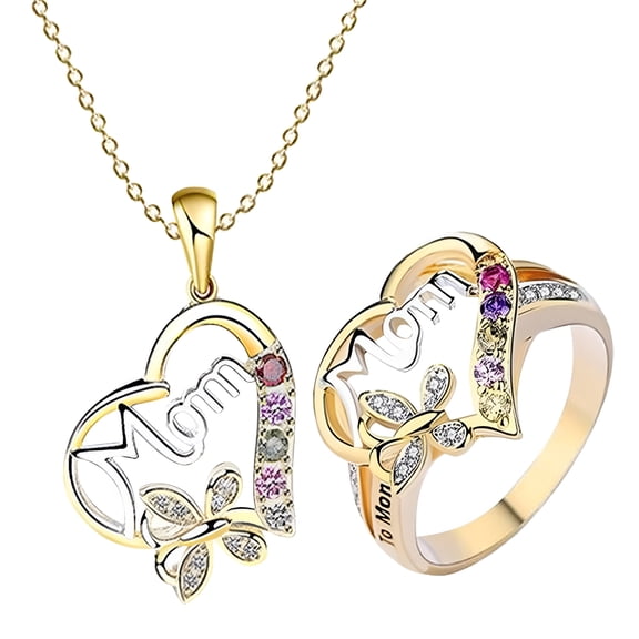 DESIGNICE Mother's Day Gifts Jewelry Sets Love Necklace Gift Two Tone Plated MOM Ring Valentine's Day gift