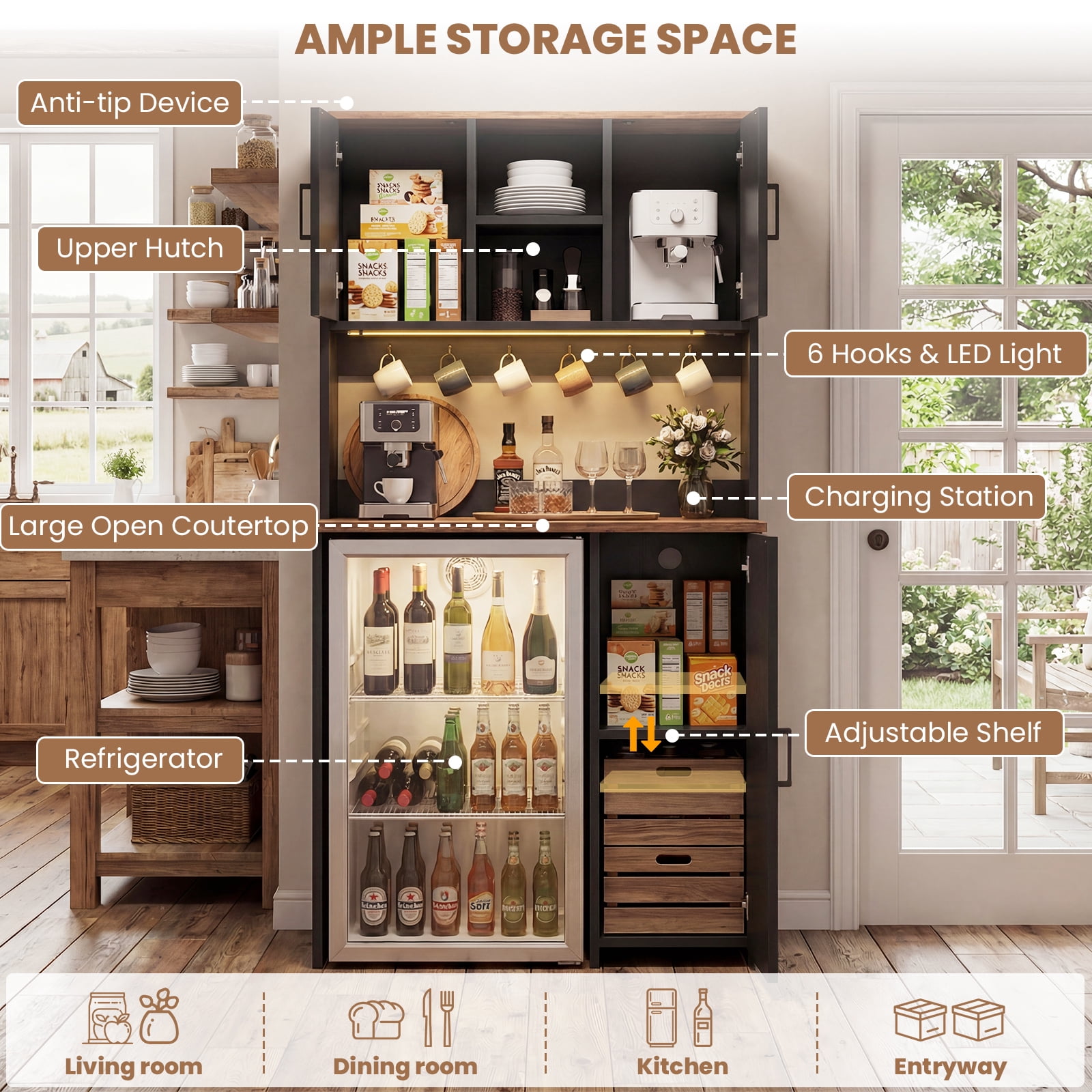 Aheaplus Multifunctional Mini Fridge Cabinet: Coffee Bar, Wine Stand & Beverage Station with Outlet, LED Light & Microwave Shelf, for Kitchen, Dorm, Office,Black