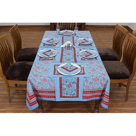 

Blue & Red Floral Tablecloth Dining Table Decor Wedding Table Linen Christmas Gift Handmade Tablecloth Block Printed Mats 90x90 Inches