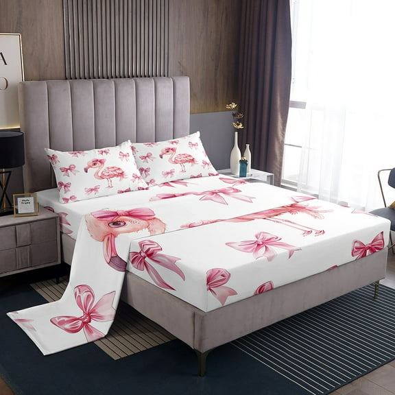 Erosebridal Pink Bow-Tie Bed Sheets Set Twin Size, Flamingo Bed Sheets Twin, Cartoon Wildlife Decor