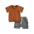 thumbnail image 1 of xiaxaixu Toddler Boys Summer Outfit Sets Short Sleeve O Neck Tops + Solid Color Drawstring Shorts, 1 of 9