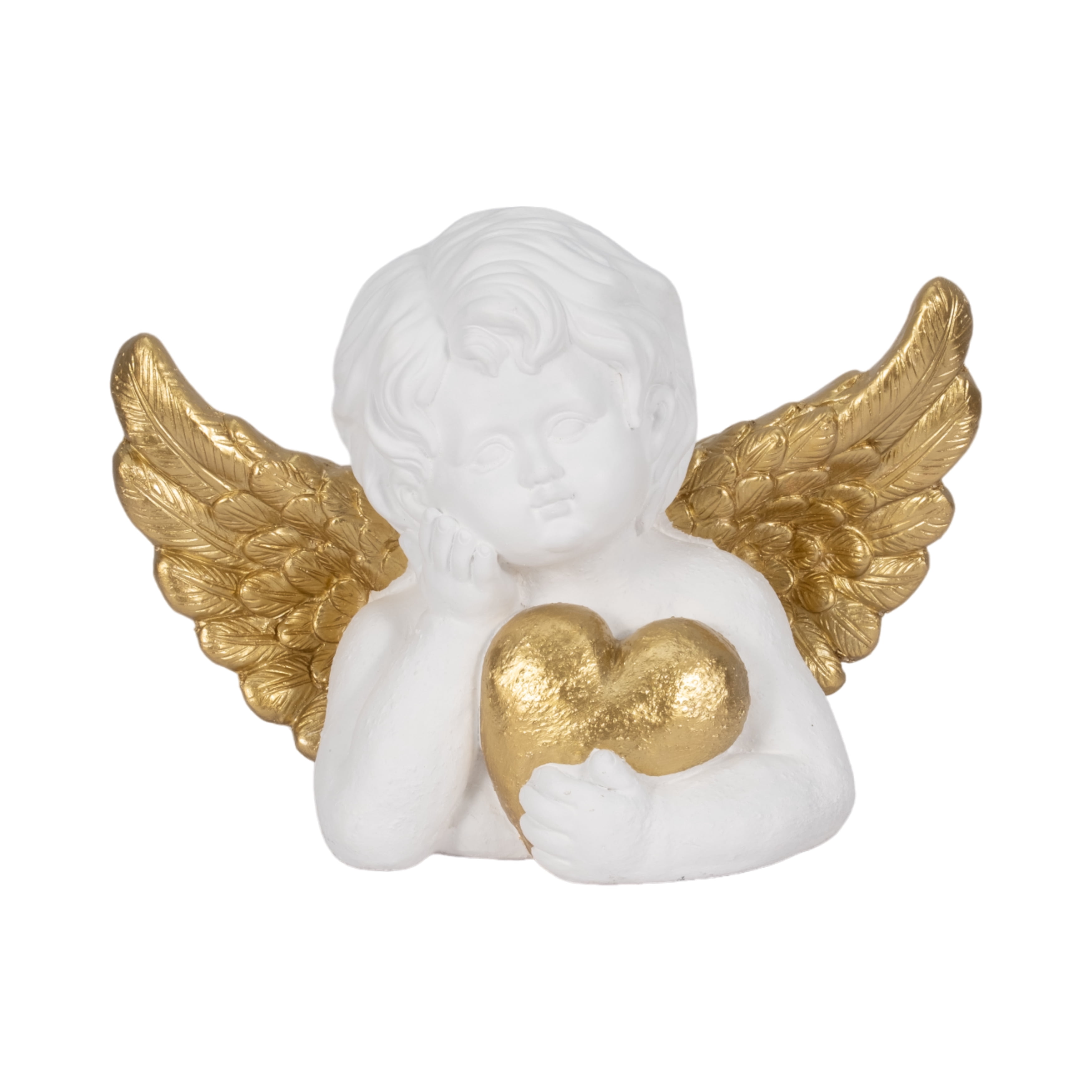 Cherub Angel with Heart Garden Statuary Decor - Outdoor Decor for Front Porch, Garden, and Patio Accent - Decorative Statue and Figurine for Landscape and Yard Art - 11", White & Gold