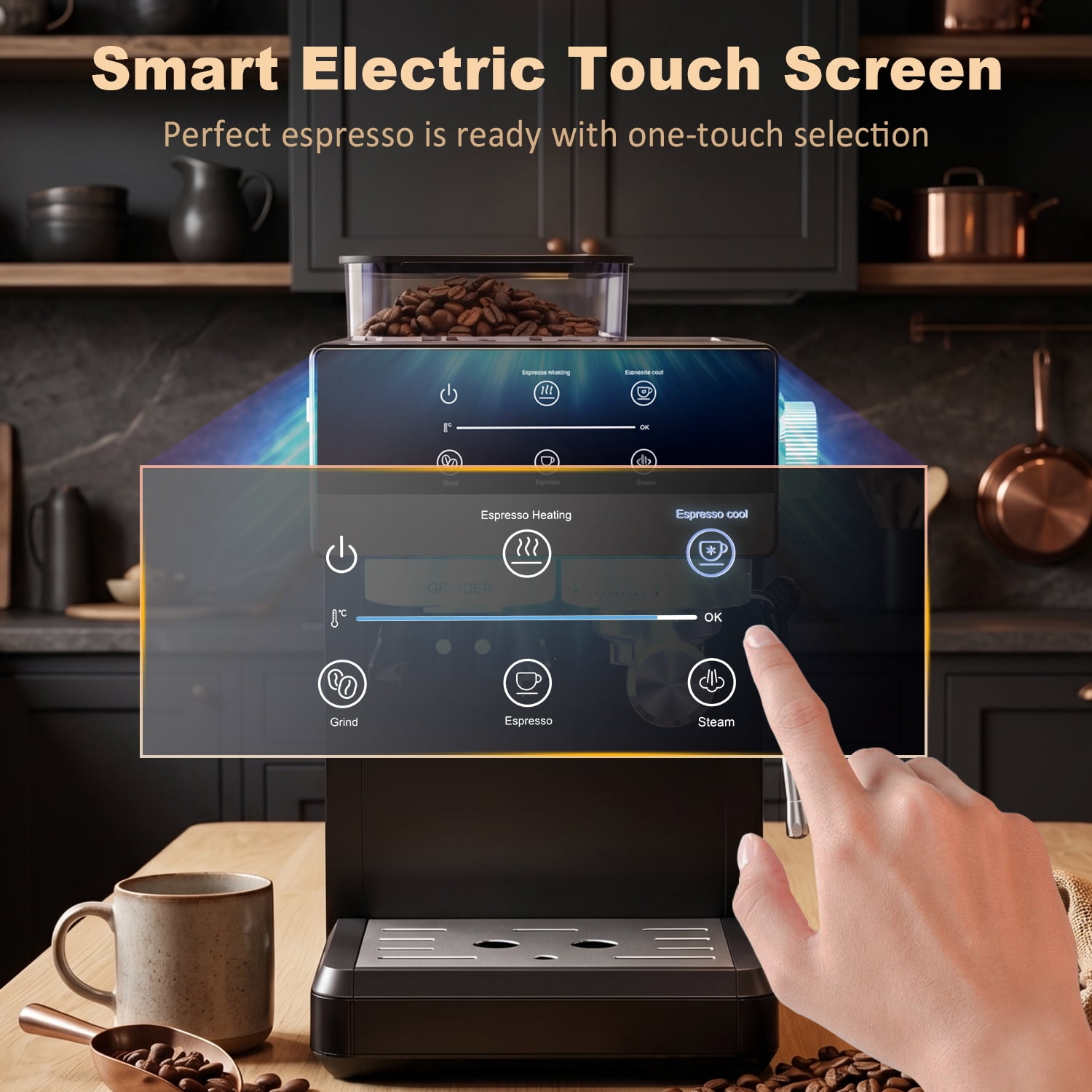 Bluebow Espresso Machine with Grinder, 20 Bar Semi-Automatic Coffee Maker with Milk Frother, Electric Touchscreen for Home Latte Cappuccino, Black