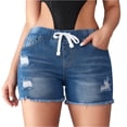 thumbnail image 2 of Ripped Jean Shorts Women Elastic Waist Drawstring Frayed Hem Denim Shorts Ripped Washed Shorts Summer Fashion Distressed Boyfriend Jorts Blue L, 2 of 6