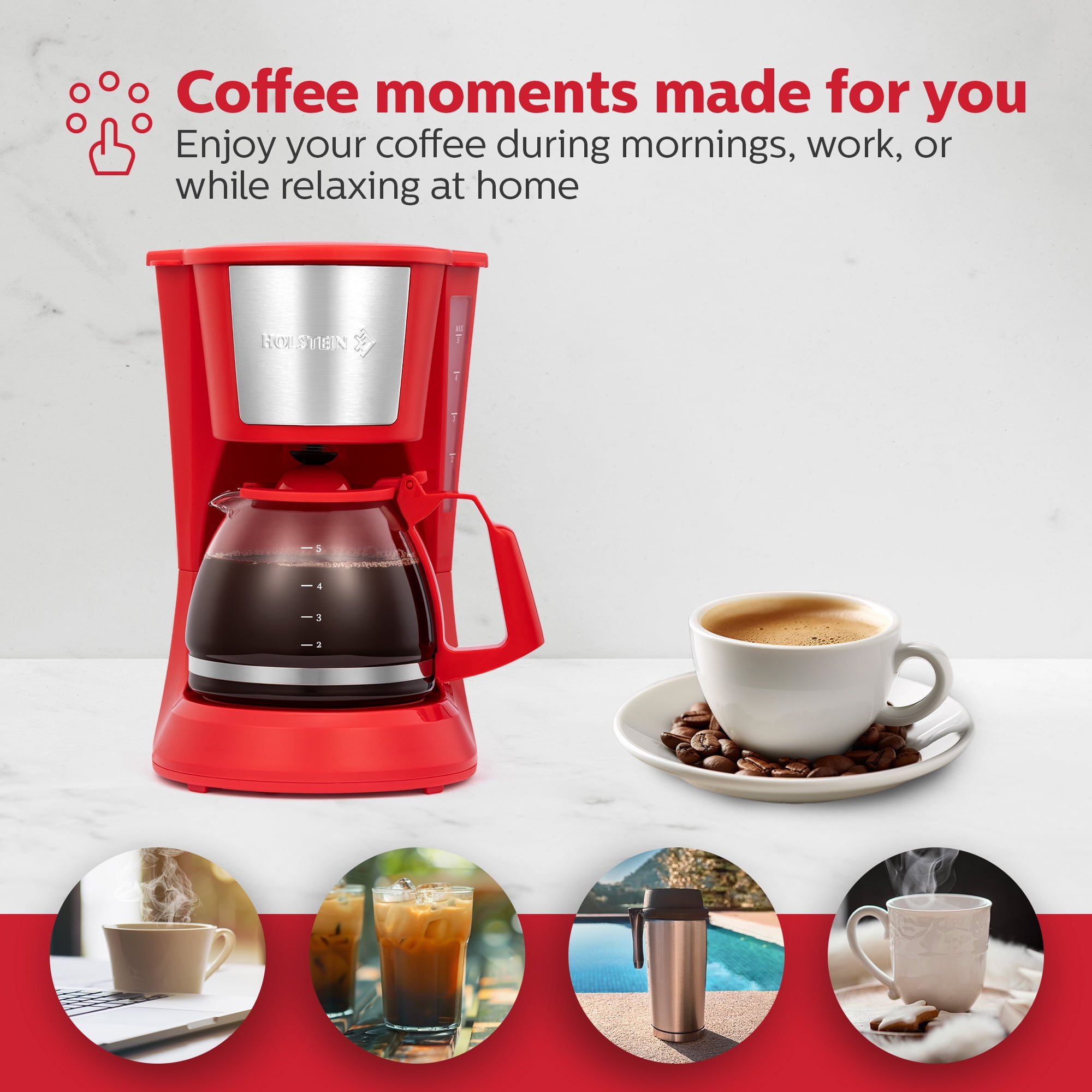 Holstein Housewares 5-CUP Coffee Maker - Space-Saving Design, Auto Pause and Serve, and Removable Filter Basket for Fresh and Rich-Tasting Coffee - RED