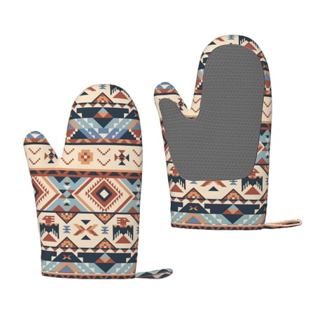 ZNDUO Kitchen Oven Gloves, Durable Heat Resistant Oven Gloves with Quilted Liner Non-Slip Textured Grip Perfect for BBQ, Baking, Cooking and Grilling, Vintage Aztec Boho Tribe Style