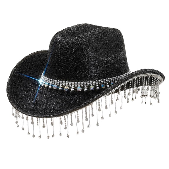 UJNDER Stylish Western Cowboy Hat for Men Women Featuring Rhinestone Gemstone Heart Flat Brim Hat for Parties and Country Dance Black