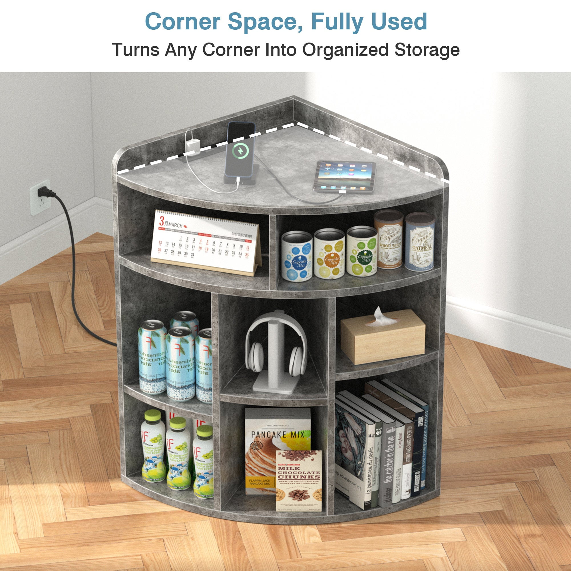 VECELO Corner Cabinet Storage with USB Ports and Outlets, Wooden Cubby Bookshelf for Small Space, Adjustable Shelves Corner Cube Toy Storage for Playroom, Bedroom, Living Room, Gray