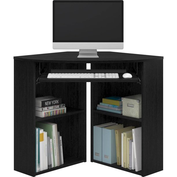 Mainstays Corner Desk with Keyboard Tray and Shelves, Black Walmart