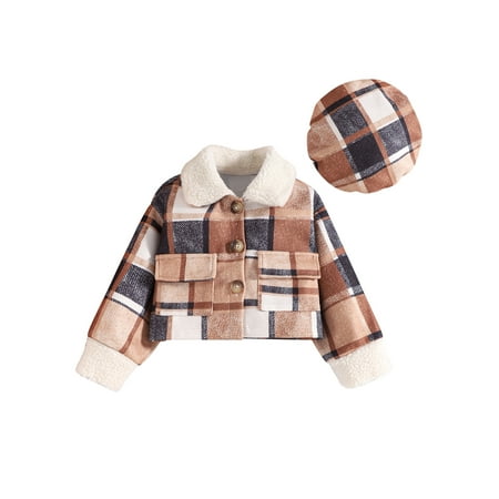 

Kids Toddler Boys Girls Flannel Plaid Shirt Jacket Long Sleeve Button Down Shacket Coats with Beret Hat Fall Winter Clothes