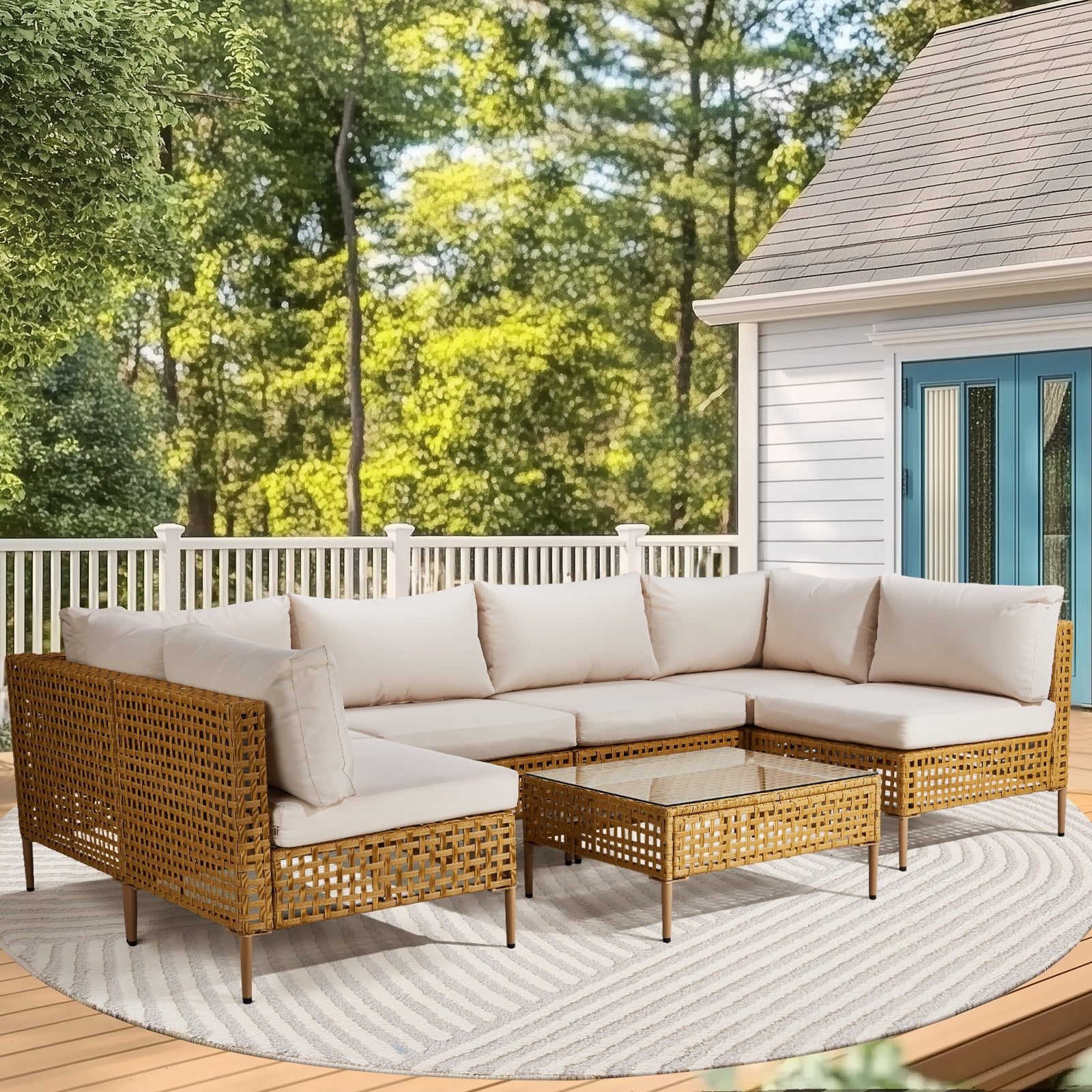 Ktaxon 7PC Wicker Patio Furniture Set Outdoor Sectional Sofa with Water Resistant Cushions, Glass Coffee Table, Boho Conversation Set Beige