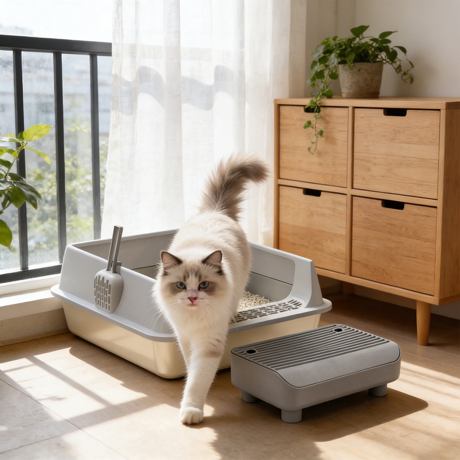 Stainless Steel High Sided Cat Litter Box With Step Platform And Scoop, Odor Control Large Capacity Easy Clean Pet Toilet For Small Cats Durable Anti Leak Design