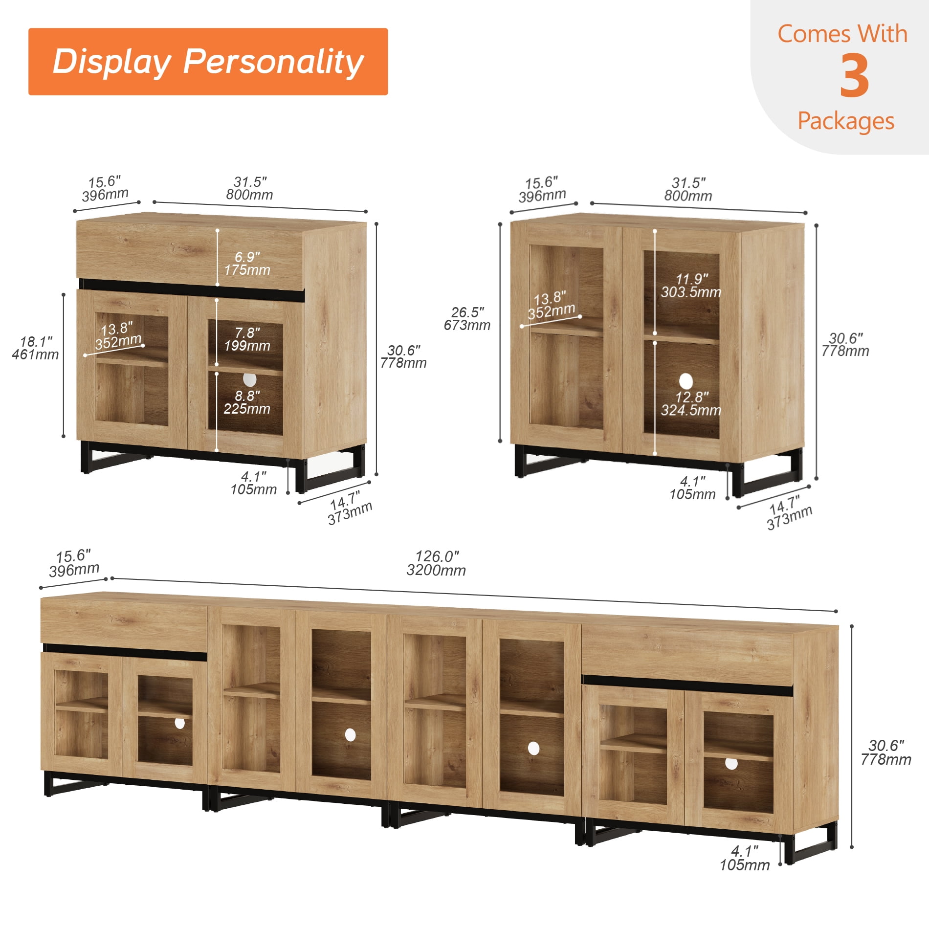 4 In 1 Multifunctional Dresser with Glass Doors & 2 Drawers, Modern Storage Chest with Adjustable Shelf, Closet Organizer Storage Cabinet for Bedroom Home Use,Oak
